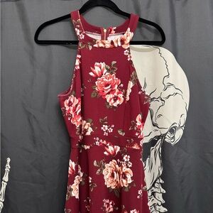 rave Wine Red Floral Halter Midi Dress